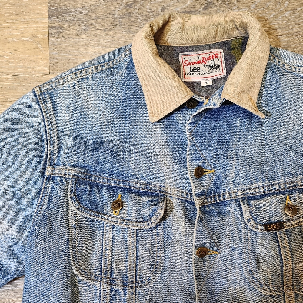 Vintage 70s Storm Rider Heavy Liner Lee Denim Jacket with Beige Collar Boxy Fit - Picture 5 of 12